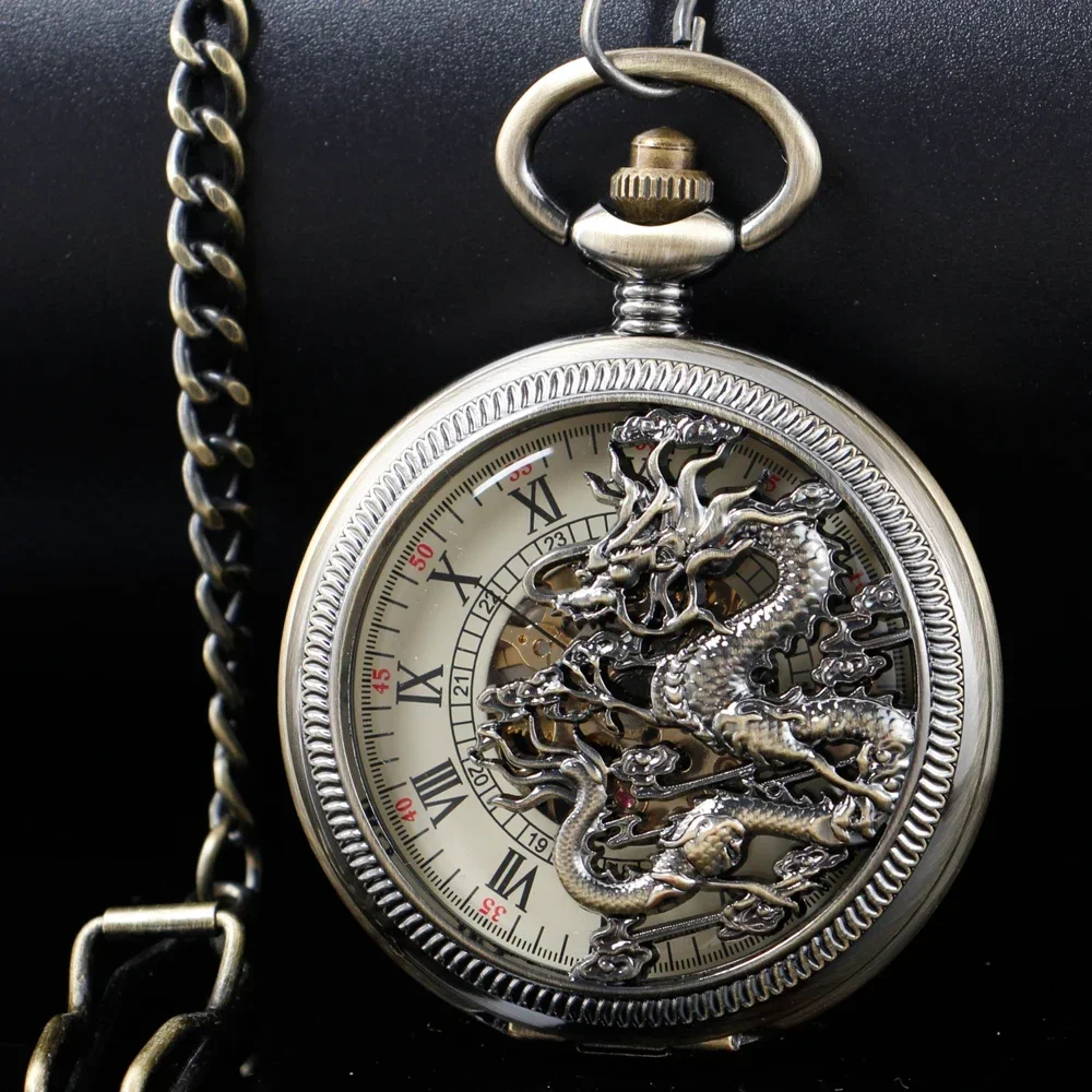 Top Retro Hand Winding Mechanical Pocket Watch Dragon Steampunk Clock Fob Watch with Chain Double Hunter Luxury Gift