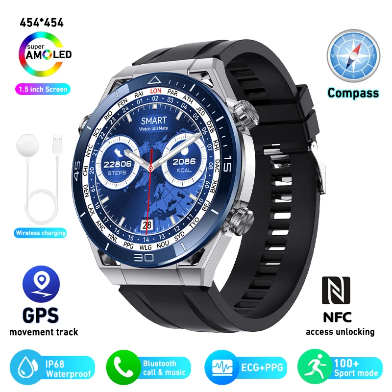 For Apple Samsung NFC Smart Watch Men Full Touch Screen Bluetooth Call GPS Track Compass IP68 Heart Rate ECG 1.5 inch Smartwatch