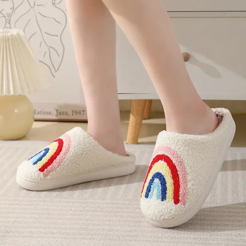 Women Rainbow Slippers Men Retro Preppy Slippers Winter Warm Plush House Fluffy Living Room Shoes Female New Christmas Gifts