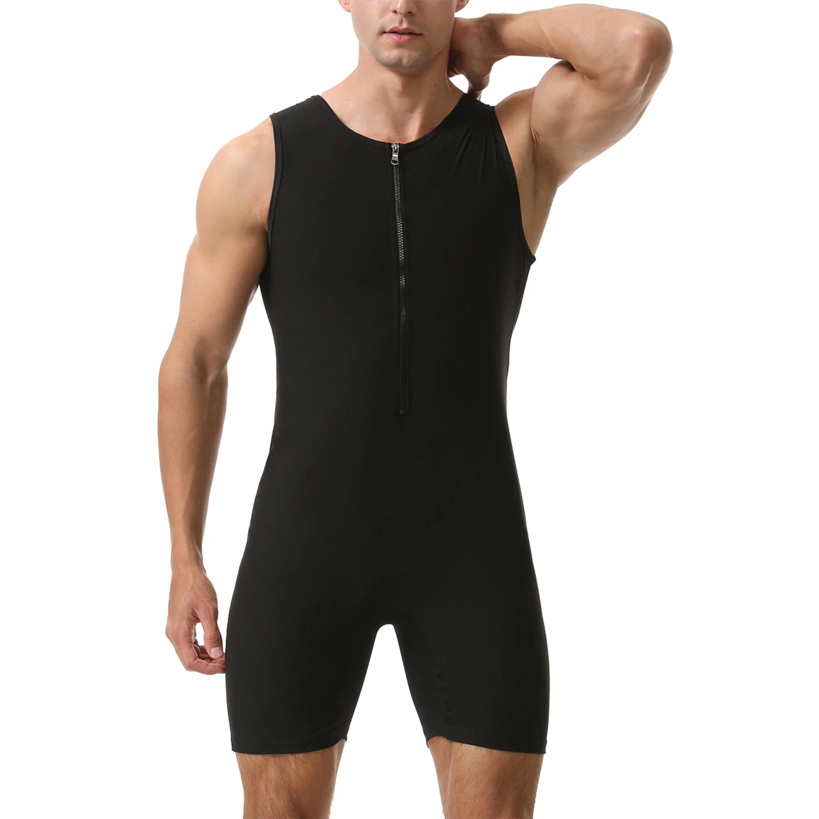 Herren Sauna-Kurzanzug, ärmelloser Jumpsuit für Workout, Sport, Fitness, Radfahren, Jogging, mit Reißverschluss vorne, oberschenkellang. – Detail 5