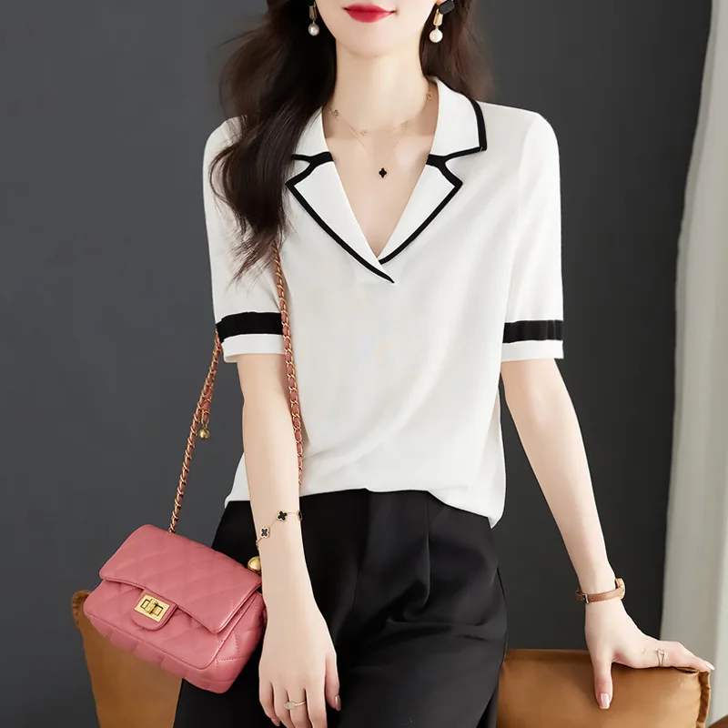 Short-sleeved T-shirt for High-end Polo Thin Round Neck Ice Silk T-shirt for Women's Knitted Top