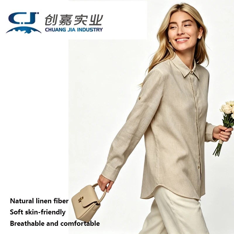 Natural Pure Linen Women's Long-sleeved Shirt Camel Temperament Simple Blouse Plus-size Women's Fashion Casual Spring Autumn