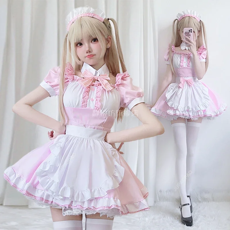 Japanese Lovely Maid Plaid Costumes Soft Girl Halloween Gothic Waitress Sweet Pink Dress Cute Bow Apron Maid Role Play Costumes