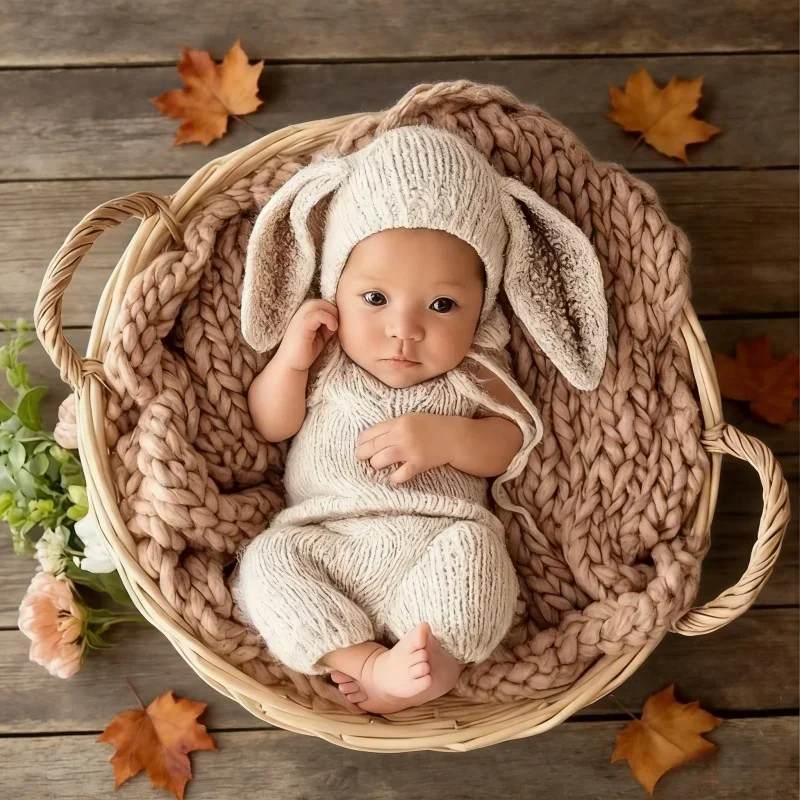 Newborn Photography Props Crochet Knitted Bunny Rabbit Costume Outfit Baby Photo Shoot Studio Props Infant Shooting Accessories