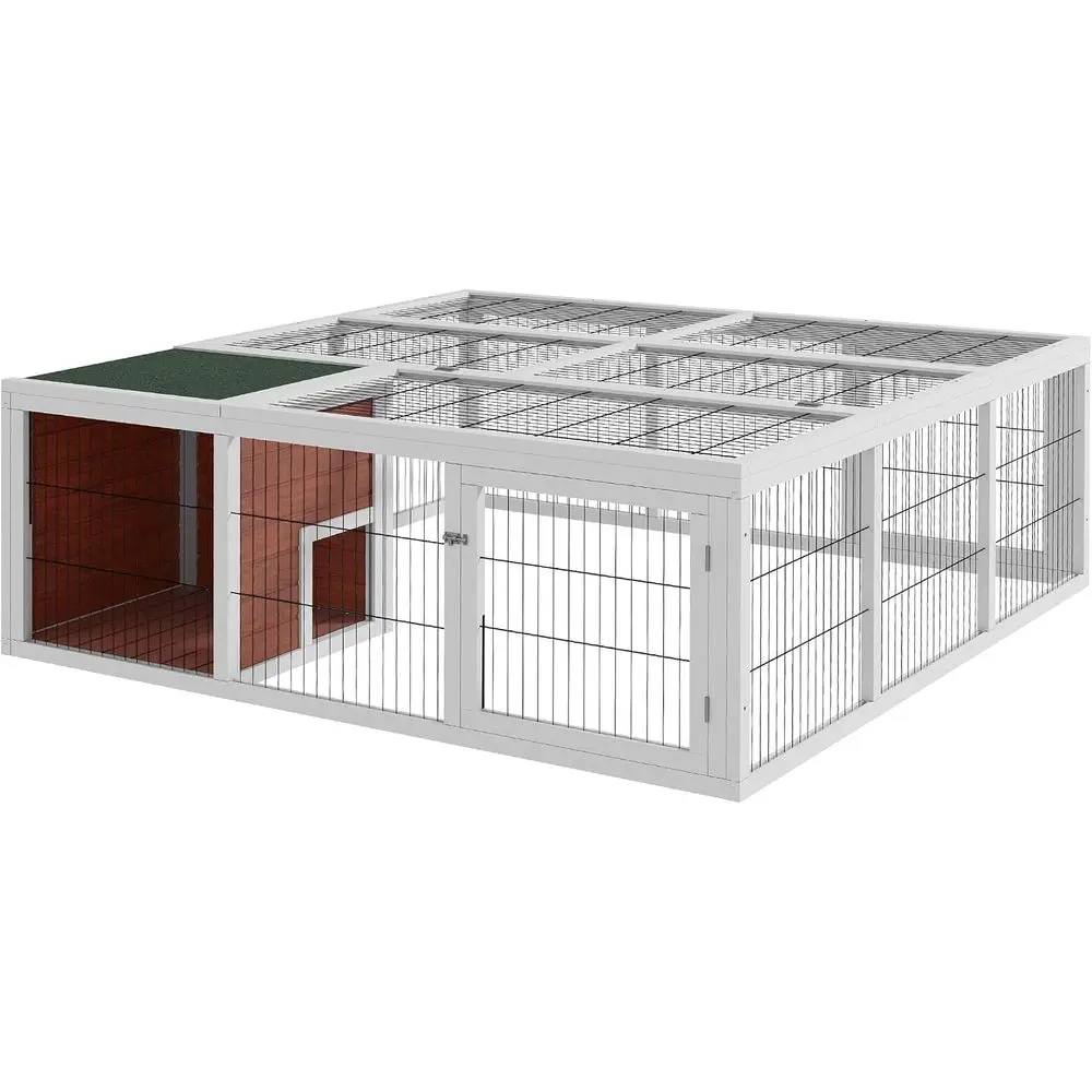 Outdoor Rabbit Hutch Playpen, Wooden Tortoise House Habitat, Bunny Cage with Run and Enclosed Cover, for Rabbits, Chickens, Duck