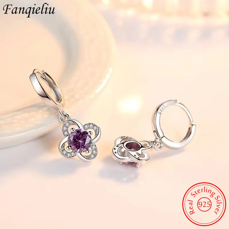 

Pure 925 Sterling Silver Jewelry New Original Fashion Crystal Zircon Flower Drop Earrings For Women FQL22116