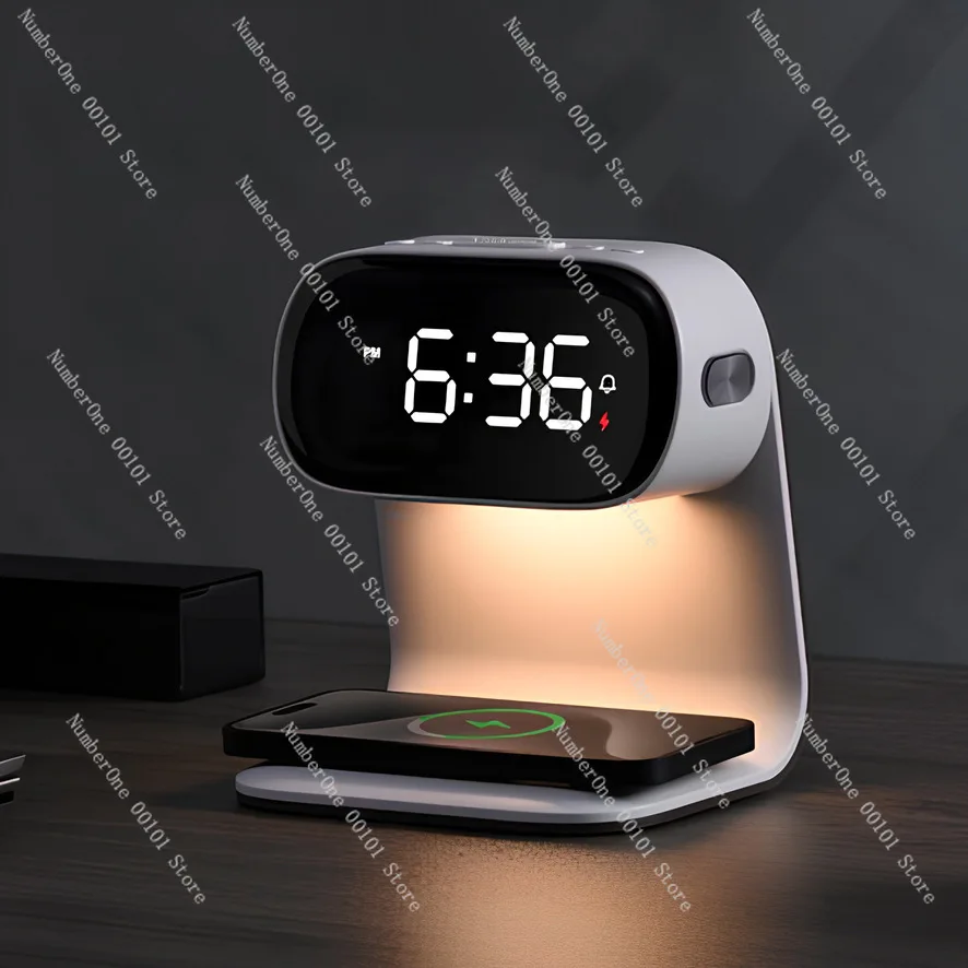 New Multifunctional Bedside Night Light, 15W Fast Wireless Charger Desk Lamp with Alarm Clock