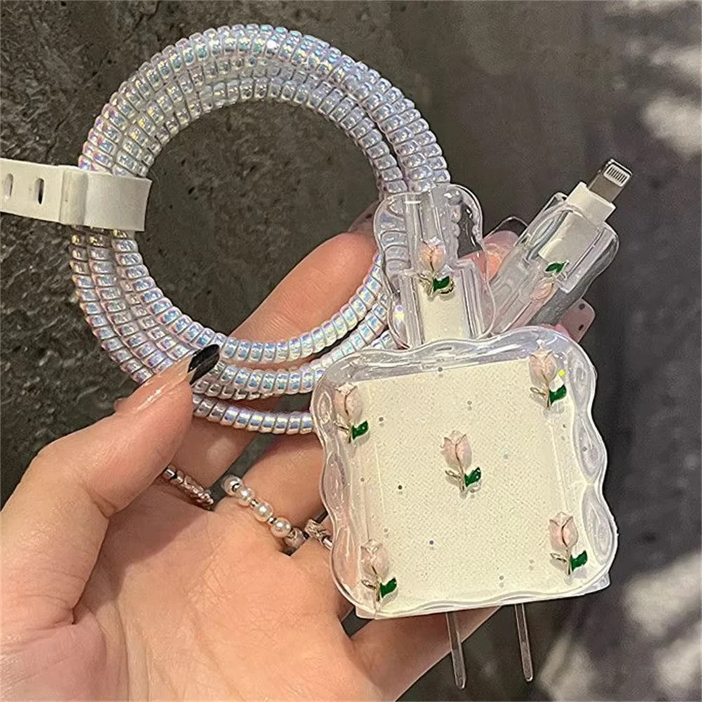 Cute 3D Metal Tulip Glitter USB Cable Organiser Charger Protector Cover For iPhone  11 13 15 16 18W 20W Adapter Protective Case