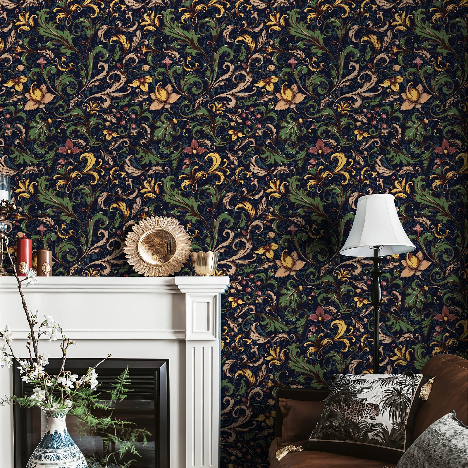 Dark Blue Retro Floral PVC Wallpaper Vintage Peel And Stick Vinyl European Style Baroque Wall Deocr Furniture Cabinet Sticker