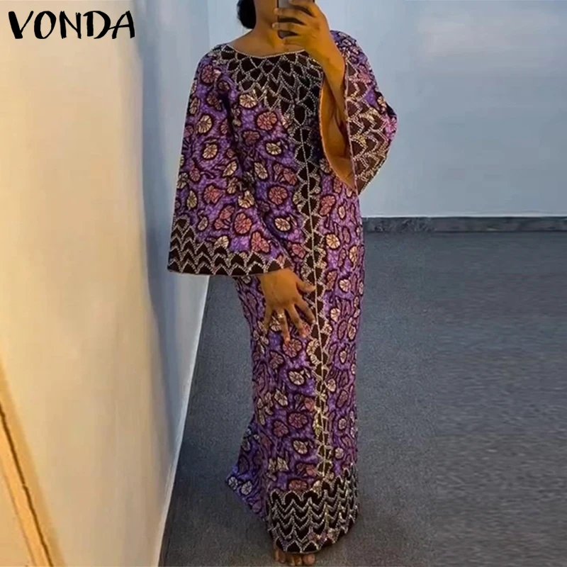 Vestido Boêmio Plus Size VONDA 2026 Verão Elegante para Mulheres Vestido de Impressão Vintage com Manga Longa Maxi Vestidos O-Colete