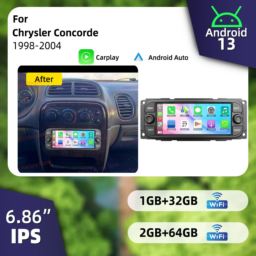 Radio Multimedia para Automóvil con Carplay Inalámbrico de 6.86 Pulgadas y Android 13 para Chrysler Concorde 1998-2004, Autoradio 1 Din, Unidad Principal con GPS y Estéreo