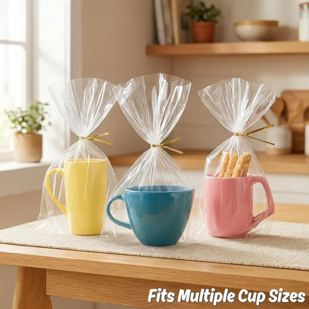 50 sacs d'emballage cadeau avec attaches métalliques, pochettes en plastique à fond plat avec soufflet et poignée, en cellophane transparent OPP