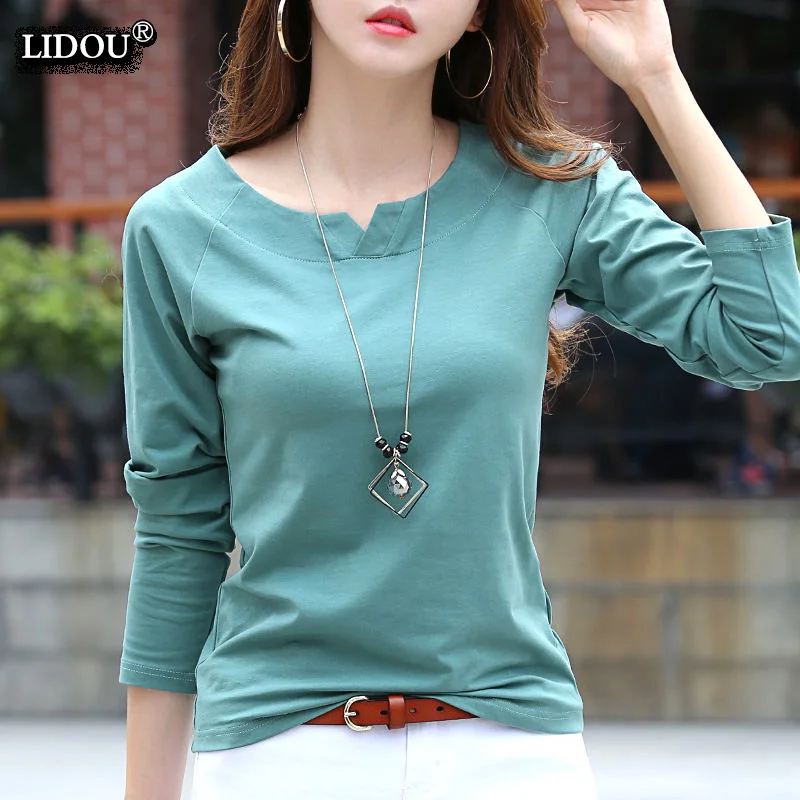 

T-Shirts Spring Autumn O-neck Solid Color Long Sleeved Worsted 2022 New Women's Clothing Leisure Wild Korean All-match Simple