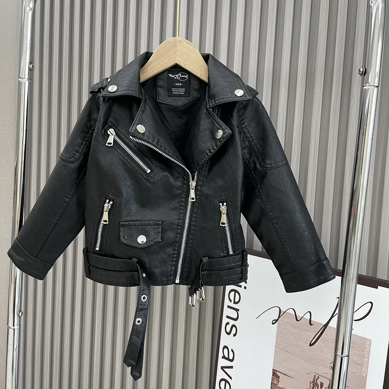 Boys Girls Black Leather Jacket Fashion Trun-Down Collar Zipper PU Coat Boys Girls Motorcycle Style Outerwear