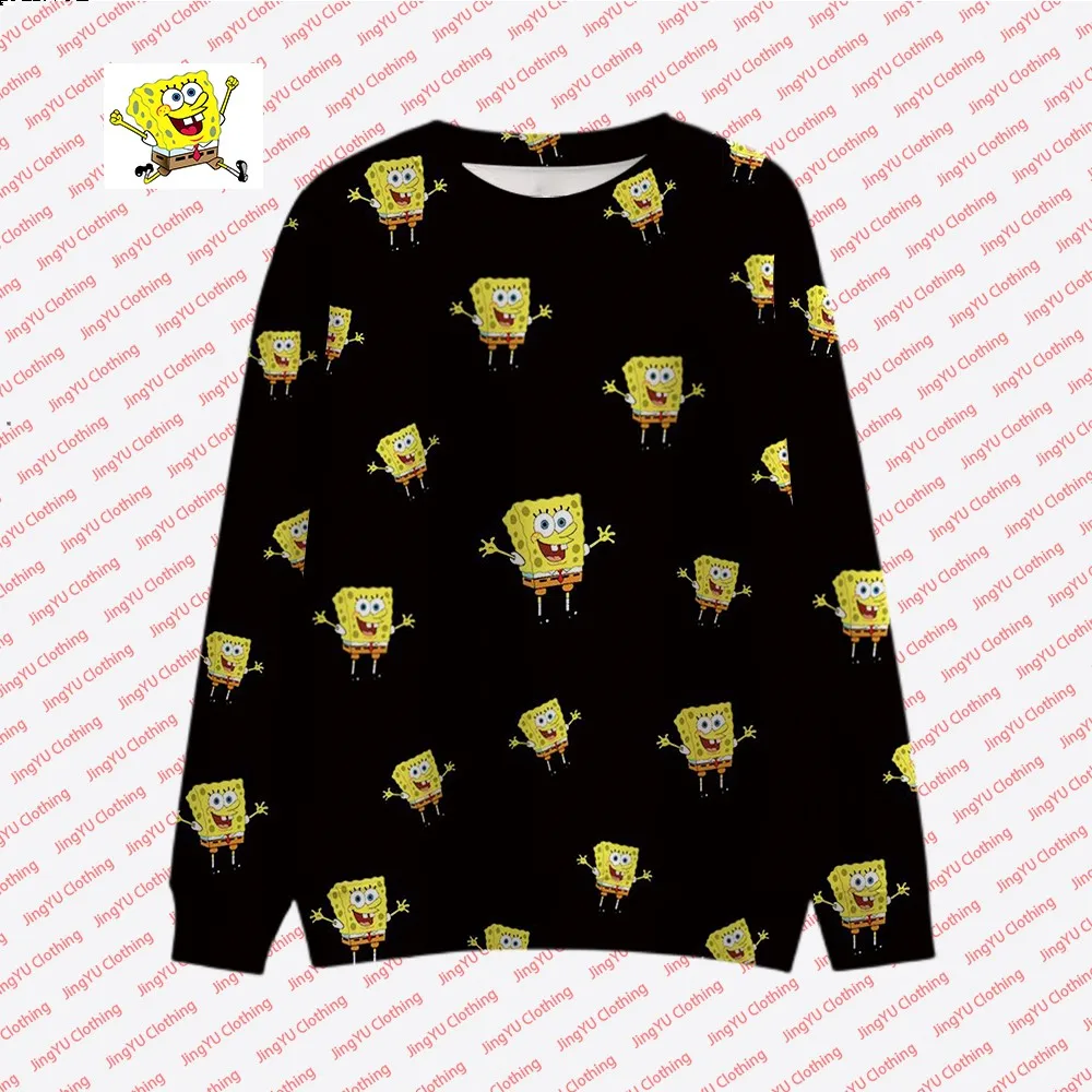 2023 Autumn New Harajuku Street Fashion Casual Tops Round Neck Pullover Children\'s Cute Spongebob Animation Printed Pullover