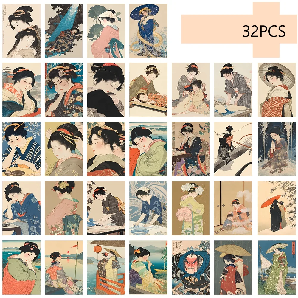 32PCS Retro Japanese Illustration Postcard Set, Back To School Season/Back To School Gift, Used for Garbage Diaries, Handmade