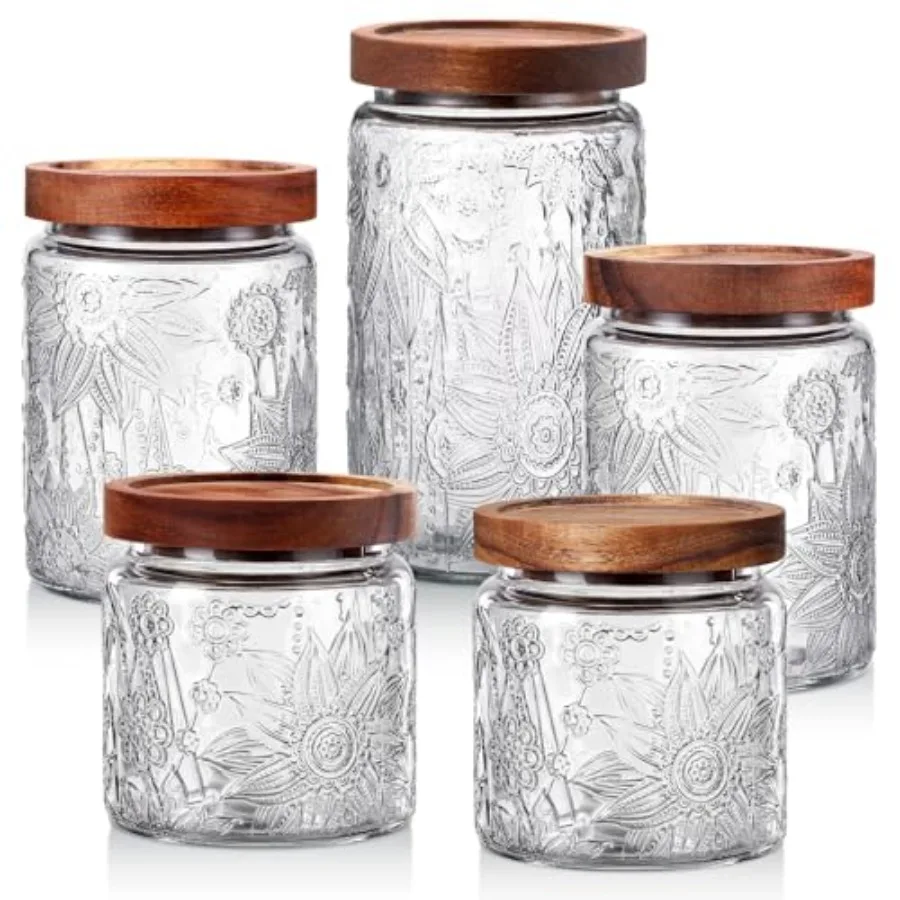 

5 Pcs Sunflower Vintage Glass Jars with Bamboo Airtight Lid 17/24/34 oz Glass Food Containers Storage for Kitchen Counter Pantr