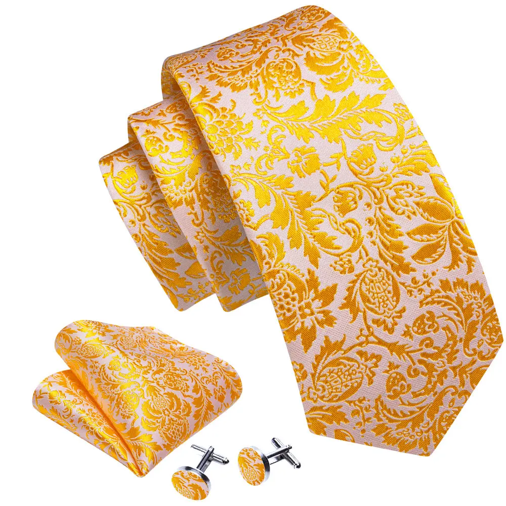 Barry.Wang Silk Men Tie Hanky Cufflinks Set Jacquard Floral Same Pattern Various Colors Necktie for Male Wedding Business Party