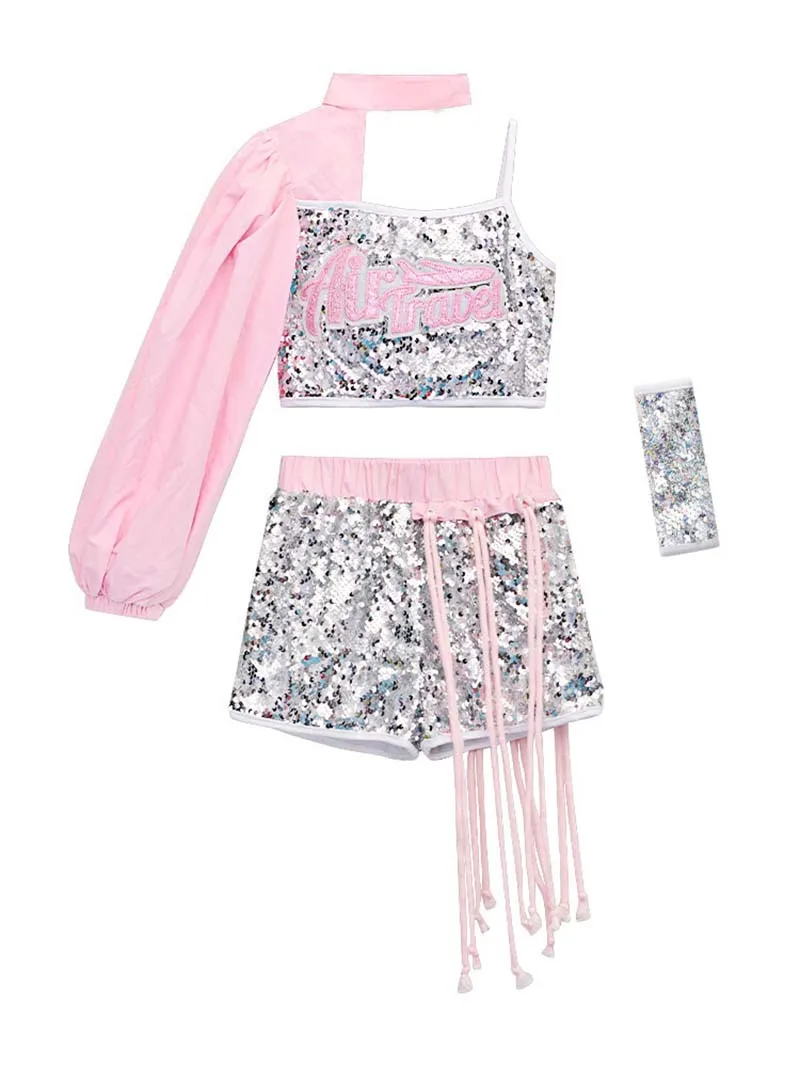 Zzl Jazz Dance Hip-Hop Kostuum Urban Dance Meisje Kleding Roze Sequin Stijl Serpeling Slijtage Tiener Straat Shiny Cool kleding Voor Kinderen