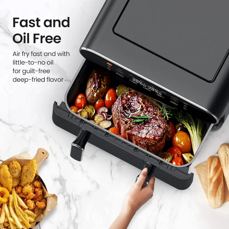 11-QT Large Air Fryer - with Flex Basket, Divider for Dual Cooking, Preheat, Air Fry,French Fries, Dishwasher Safe, Black