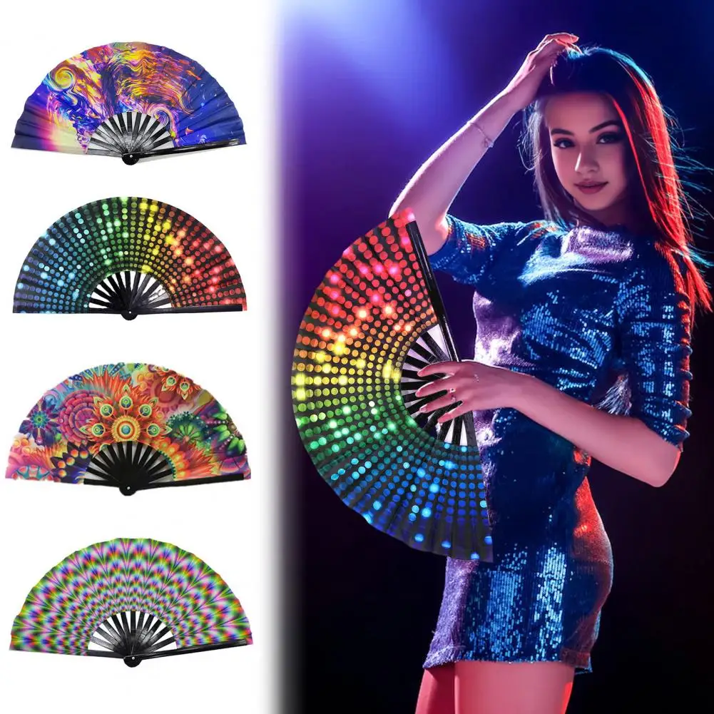 UV Fluorescent Folding Fan Bamboo Bone Handheld Fan Colorful Carnival Dance Party Kung Fu Fan Stage Performances Taiji Fans