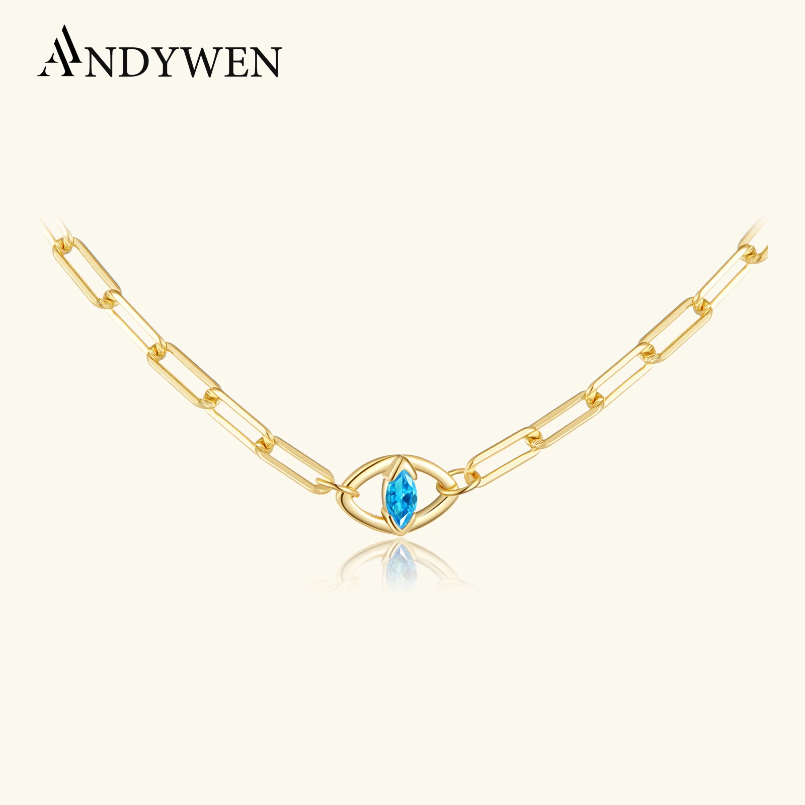

ANDYWEN 925 Sterling Silver Gold Blue Zircon Eye Horoscope Chain Long Chain Choker 2025 Luxury Fine Wedding Party Jewelry Gift