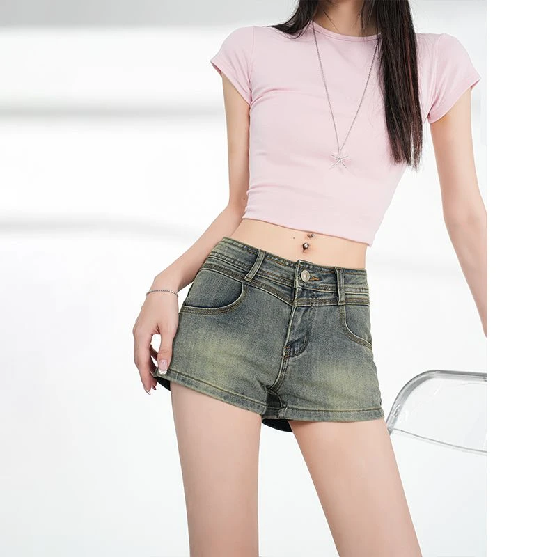 FINEWORDS Women's Vintage Washed Denim Shorts Retro Y2K Low Waist Slim Fit Short Jeans with Back Pockets Summer Streetwear Sexy