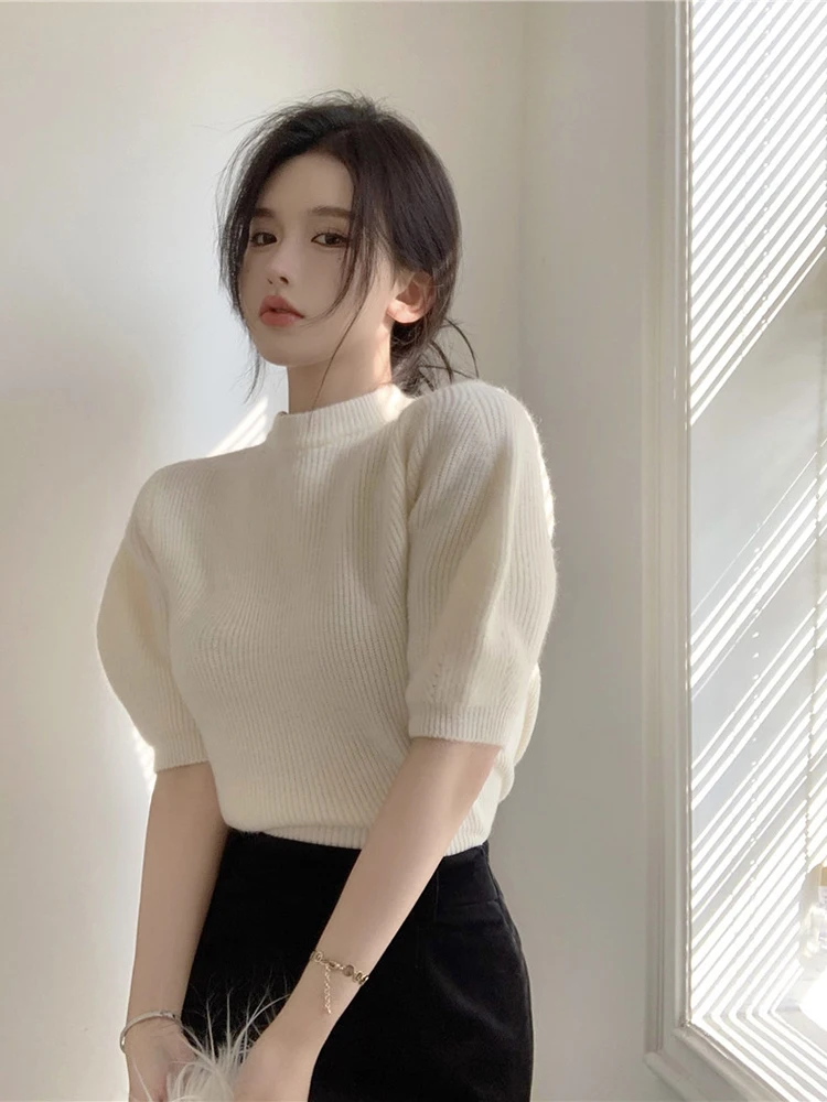 New Fashion Puff Short Sleeve Turtleneck Pullover Top Chic 2023 Spring Solid Pullovers Korean Women Knitted Sweaters