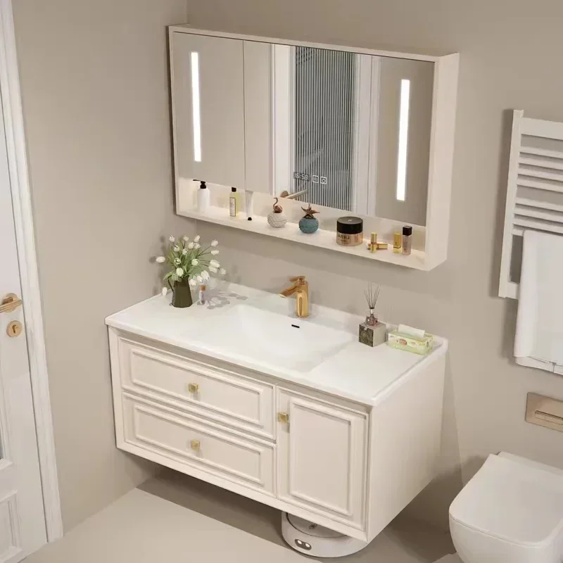 

Luxury Bathroom Cabinet Combination Integrated Ceramic Washbasin Modern Oak Bathroom Vanity Organizer Gabinete Trendy Furniture