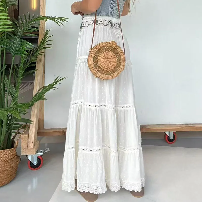 

2025 Spring Summer Vacation Half Skirts Sexy Lace Spliced Hollow Out Elastic Waist Long Skirts New Fashion Bohemian Beach Skirts