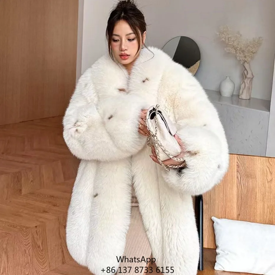 

Women's Full Leather Fox Fur Coat With Midi Loose Spotted Design Shawl Collar Winter Casual Print Outerwear