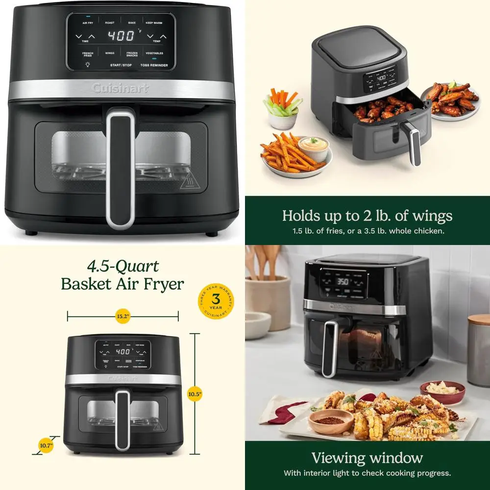 

4.5-Quart Air Fryer with 4 Functions: Air Fry, Roast, Bake, Warm, Dishwasher-Safe, Stainless Steel & Black