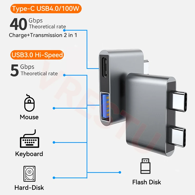 맥북 프로 에어 도킹 스테이션용 듀얼 USB C 허브 어댑터, 100W PD USB 3.0, 40Gbps 노트북 휴대용 OTG 컨버터, 미니 HAB