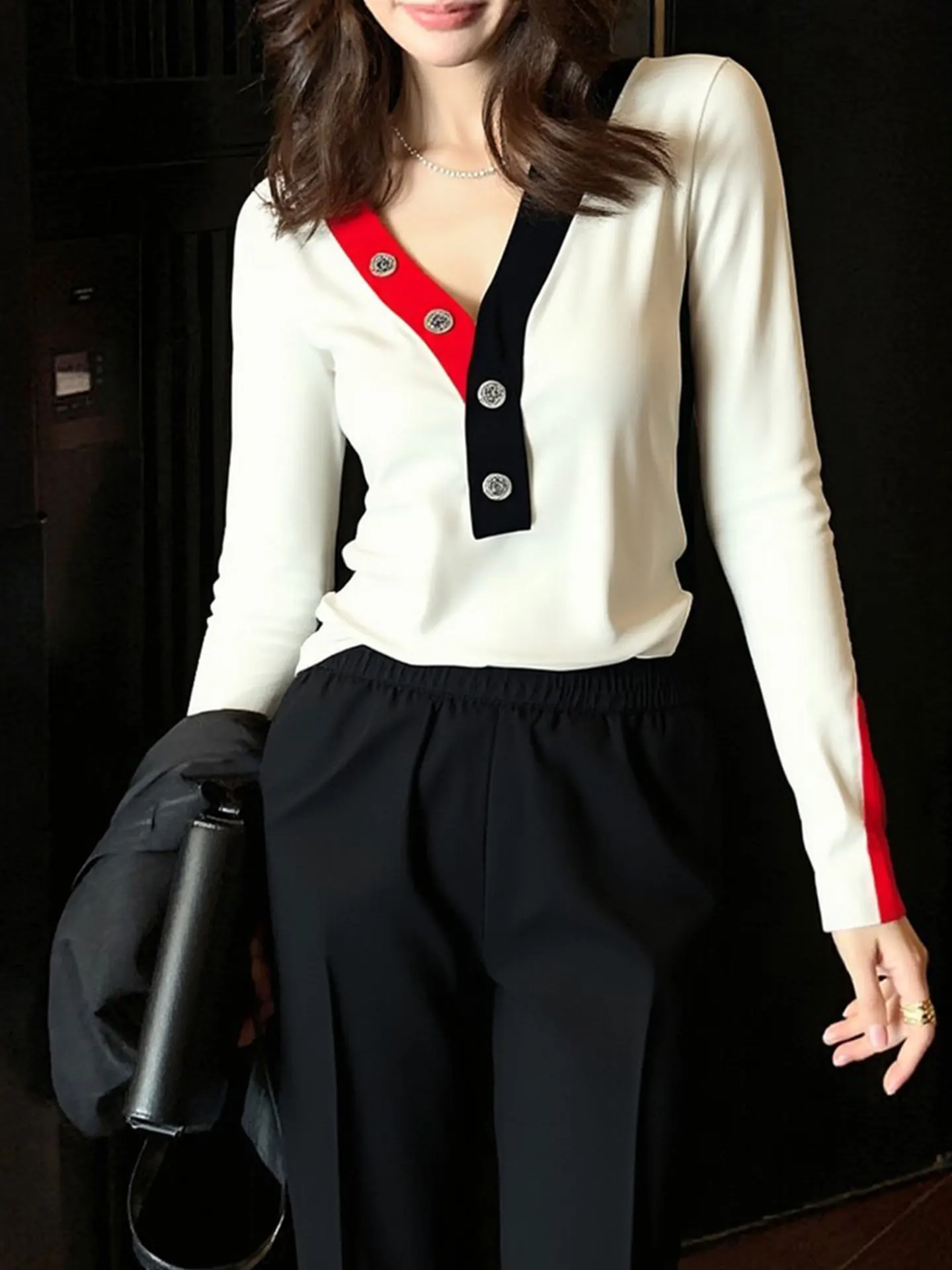 

Korean Sle Long Sve Knitted Comfortable Faion Color Blo Spring Top Ele Meticulous High End Base irt