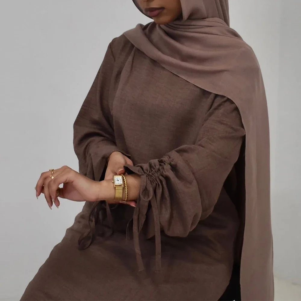 

2025 New Fashion Lace Up Sleeve Abaya Eid Ramadan Kebaya Jalabiya Women Muslim Dress Dubai Kaftan Caftan Marocain Femme Robe New