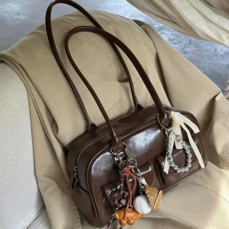 

New Korean PU Leather Tote Bag with Double Pouch Large Capacity Single Shoulder Armpit Bag Vintage Handbag Women for Daily Use
