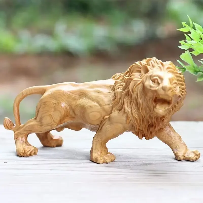 Natural Cypress Wood  Lion Statue, Solid Wood Hand-Carved Animal Sculpture Home Room Office Decoration Artwork The Perfect Gift