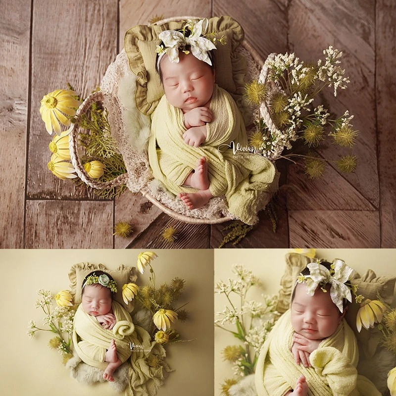 Newborn Photography Props Spring Florals Theme Set Vintage Backdrop Headband Pillow Blanket Wraps Florals for Studio Photoshoot
