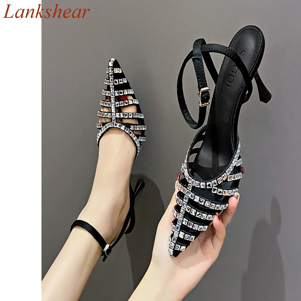 

Pointed Toe Hollow Women Pumps Stiletto Heels Crystal Blingblinbg Buckle Strap Fashion Sexy Party Women Shoes 2024 New Arrivals