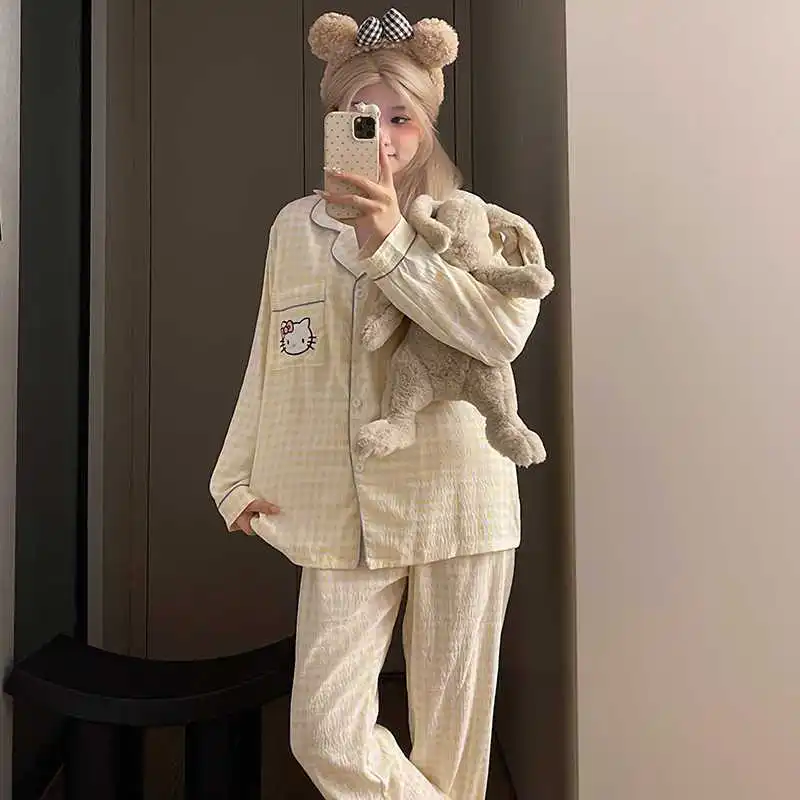 الوردي مرحبا كيتي منامة مجموعة فتاة طويلة الأكمام ملابس المنزل النساء الكرتون ملابس خاصة أزياء الخريف ملابس نوم مريحة ﻿