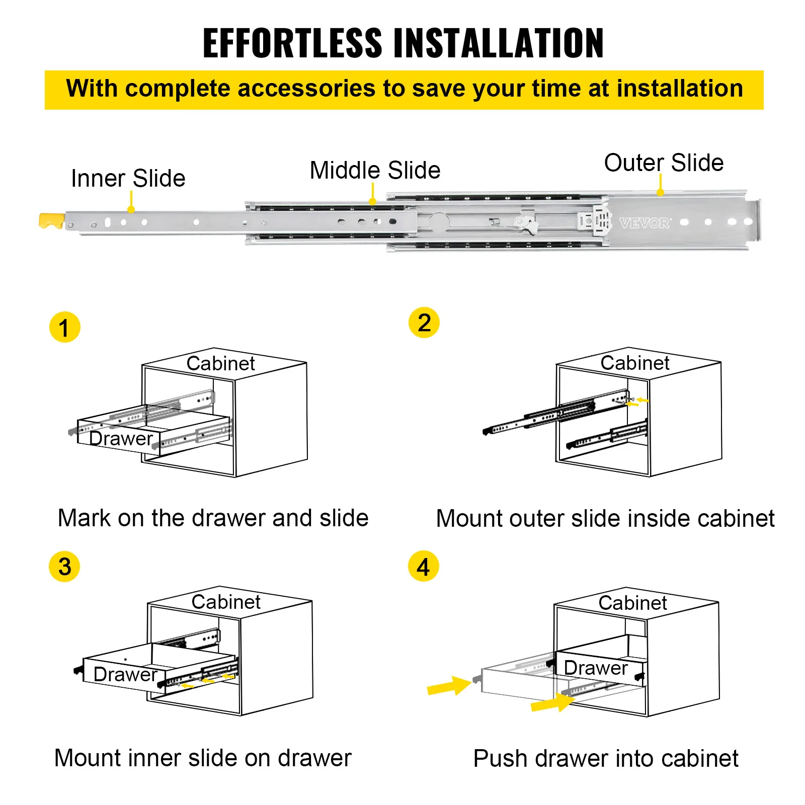 VEVOR Glissières de Tiroir avec Verrouillage à Billes 2 PCS 50,8 cm Coulisses Tiroir Extension 3 Sections Dépliable 101,6 cm Acier Laminé à Froid 227 kg Montage Latéral pour Étagère Armoire Industriel