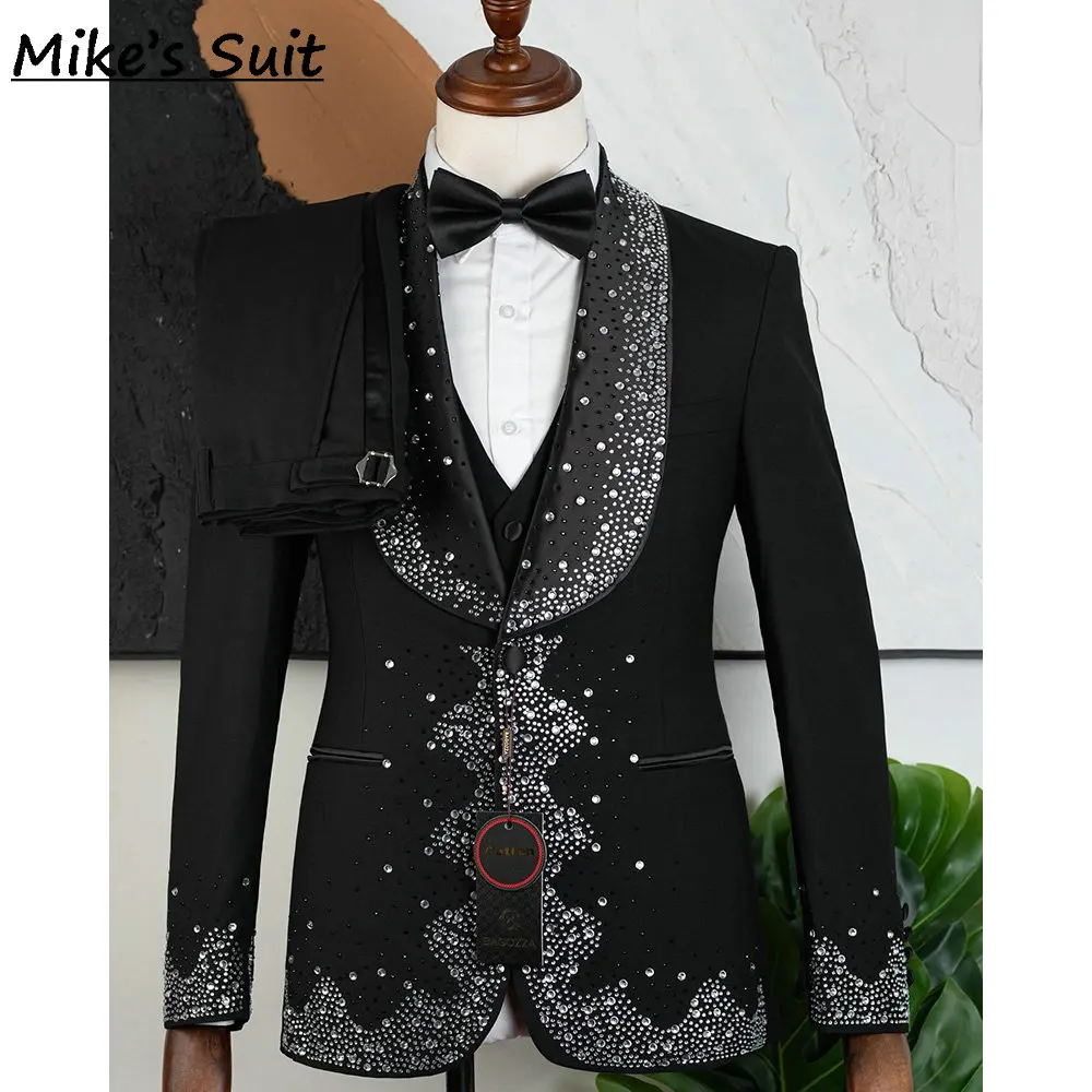Traje De boda negro, ropa para novio, trajes De hombre con gemas y diamantes plateados, esmoquin Formal, conjunto De dos piezas, Blazer y pantalones, Traje De Novio