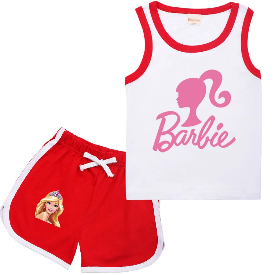 2-15 Years Kawaii Barbie New Children Clothes Vest Suit Anime Fashion Casual Breathable Cotton Sleeveless T-Shirts Sport Shorts