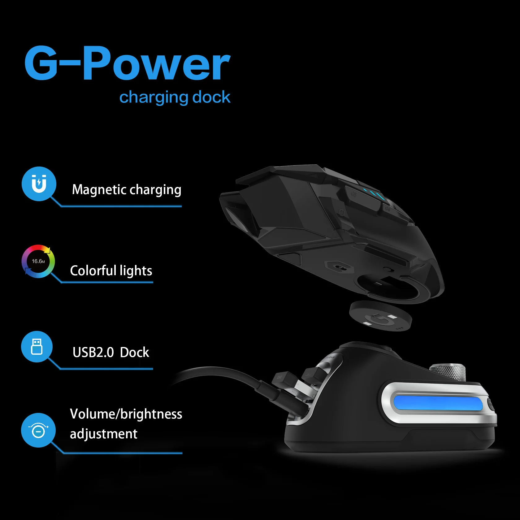 Imagem -02 - Fanxoo G-power Mouse Doca de Carregamento sem Fio para Logitech G502 G502x Plus Gpw G903 com Luz Rgb Botão de Controle de Volume do Computador