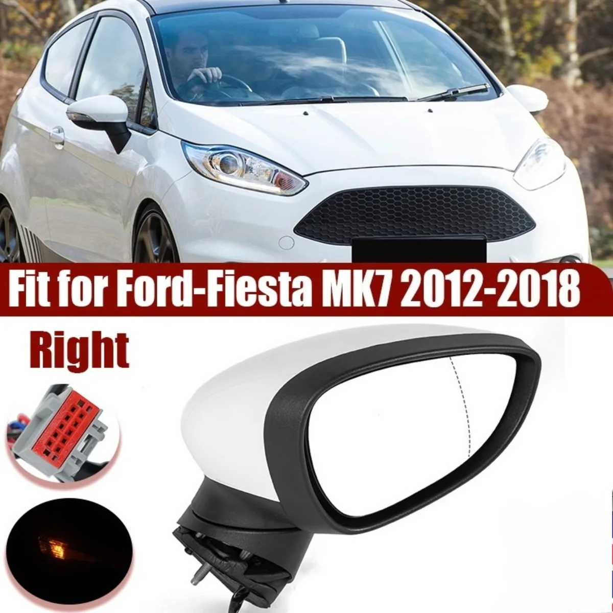 8 Pins 10 Block Rear View Mirror Glass Parts R/L Side White Wing Mirror Electric Heated Power Fold For Ford Fiesta MK7 2013-2017