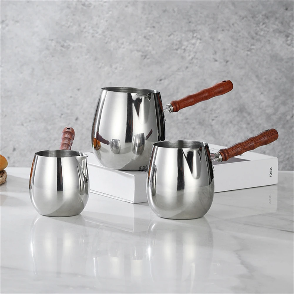 1pc 300/420/600ML Stainless Steel Turkish Coffee Pot With Wooden Handle For Coffee Making Chocolate Melting Pan Kitchen Utensil