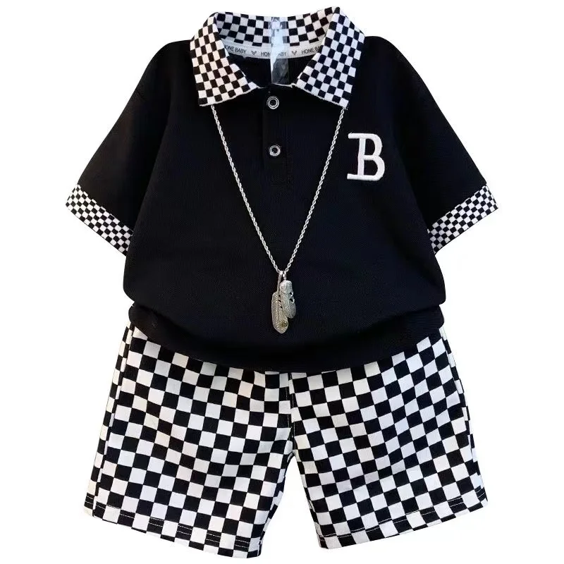 Leisure Summer Clothes Plaid Short Sleeve T-Shirts And Pants 2pcs Baby Boys Clothes 1 To 8 Years Old Kids Tracksuit Korean Suit