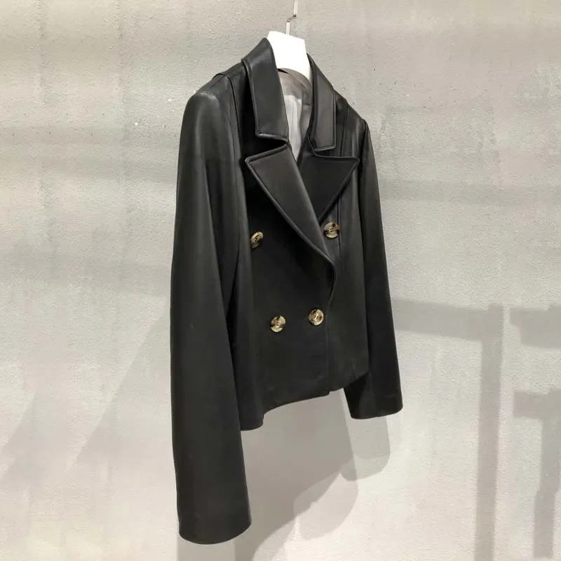 

Женское пальто из натуральной овечьей кожи, короткая двубортная куртка из натуральной кожи, весенний корейский стиль костюма