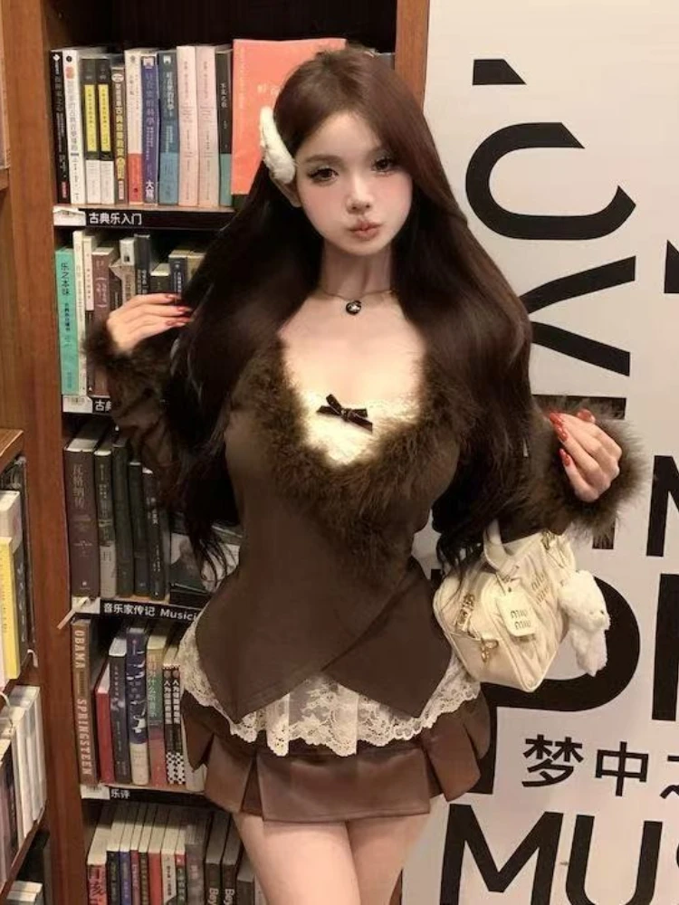 Autumn Sweet Sexy Y2k French Design Warm 3 Piece Set Lace Halter Tops + Fur Collar Cardigan + Plaid Mini Skirt Chic Women's Suit