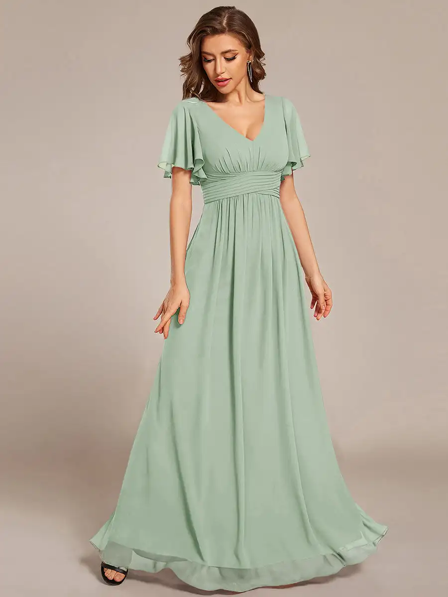 Abiti da sera eleganti con volant maniche sul retro annodatura del frenulo 2025 Ever Pretty of Mint Green Chiffon abiti da damigella d'onore